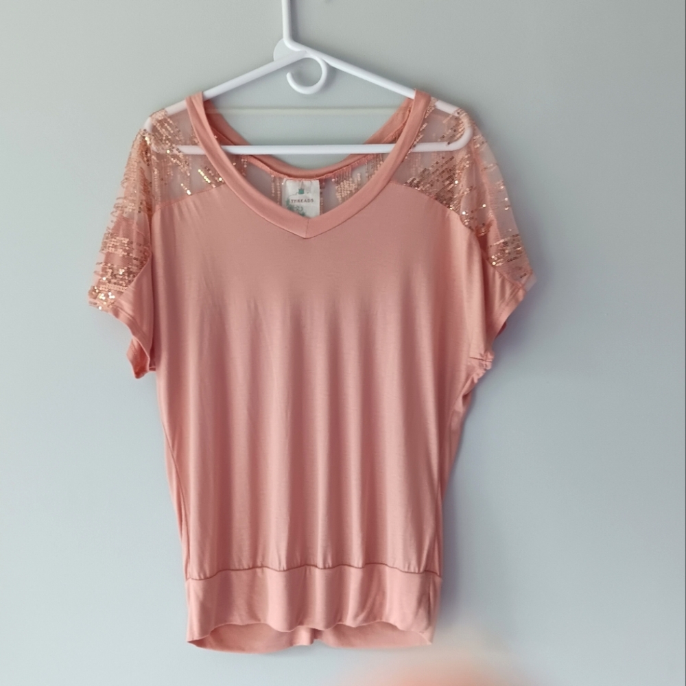 Threads V-neck Mesh Sequined Dolman Short Sleeve T-shirt Top Blush Pink Medium